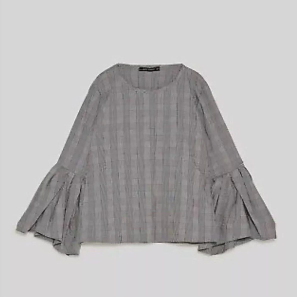 Zara 4437/272/064 womens black white checked bell sleeve top blouse small